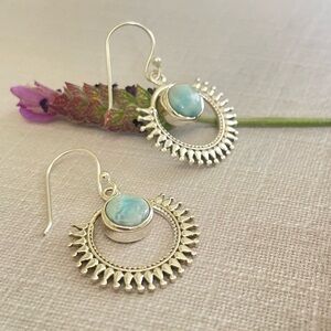 925 Sterling Silver Natural Larimar Glowing Sun Dangle Earrings! B O H O